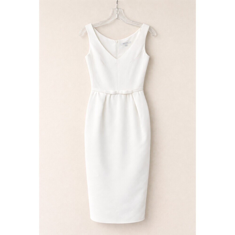 Carven White Sheath Midi Dress Sleeveless V-Neck Belted Waist Minimalist Size 2